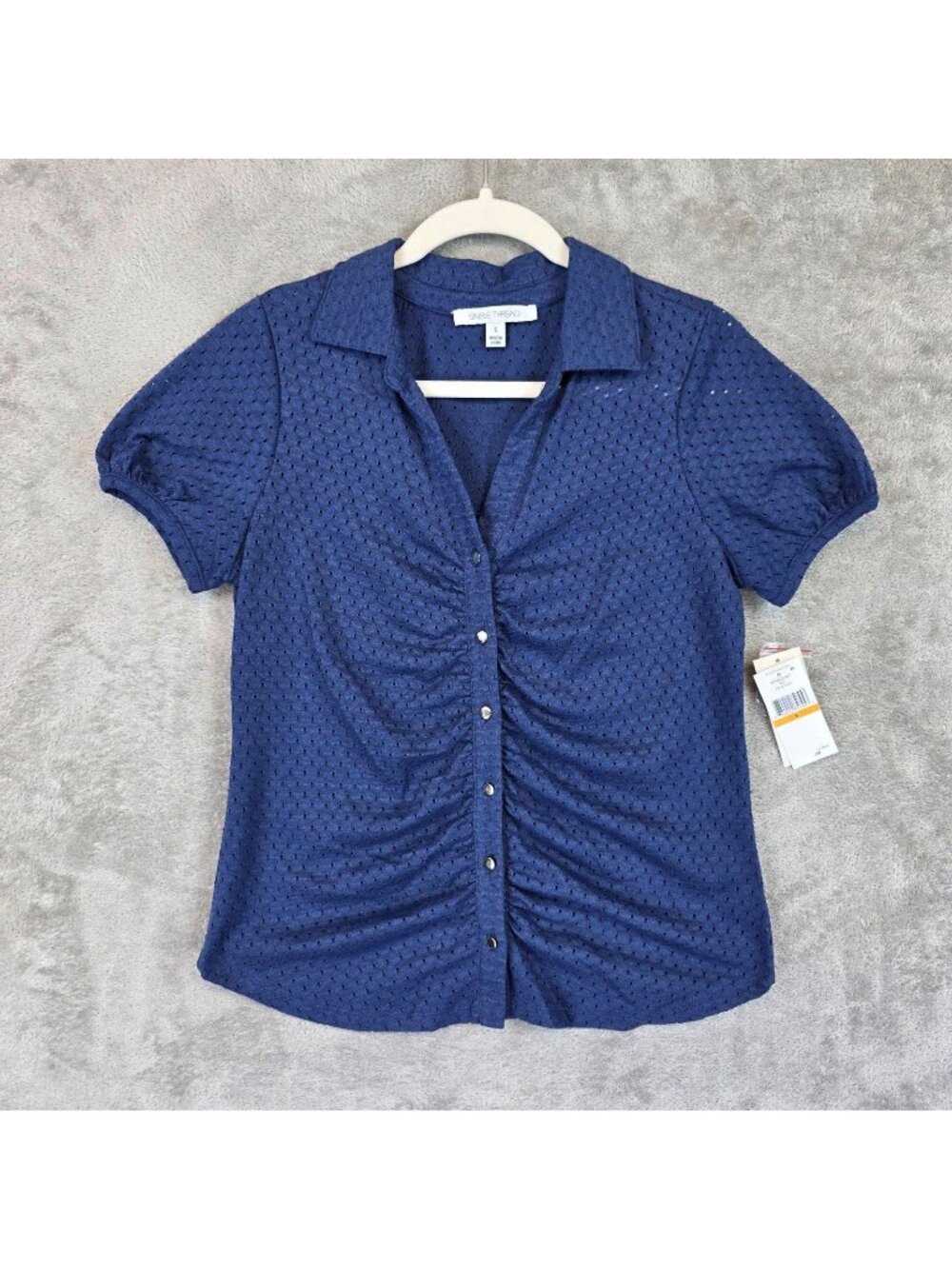 Single Thread Blouse Womens S Blue Collared Short Puff Sleeve Ruched Button